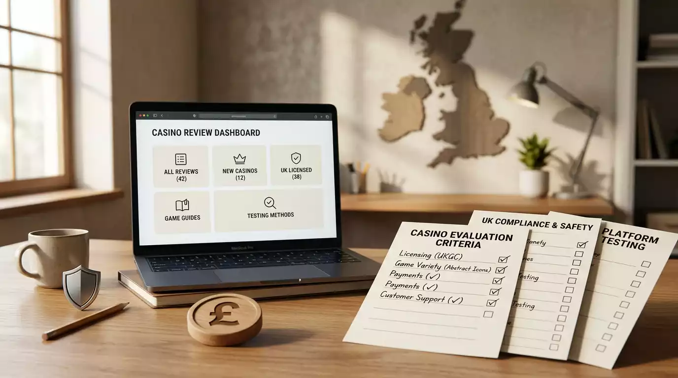Desk layout with UK casino review notes, licence checklist and payment cards
