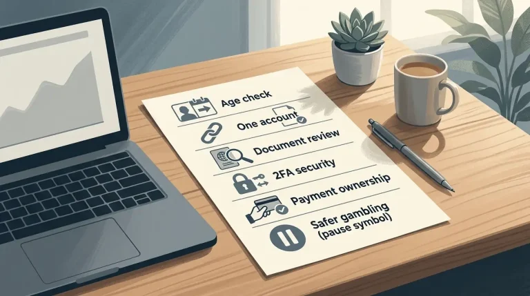 SpinDog UK account setup checklist with age, one-account rule, KYC, 2FA and safer-gambling icons