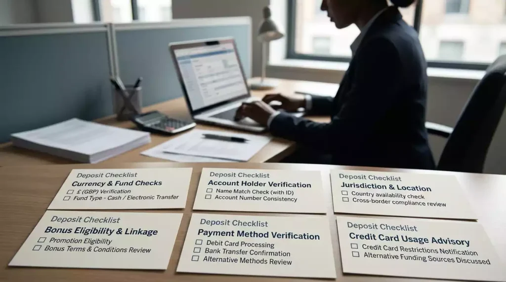 SpinDog UK deposits checklist with GBP, account-name match, bonus and credit-card-rule checkpoints