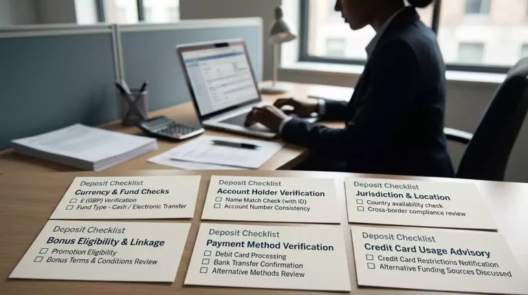 SpinDog UK deposits checklist with GBP, account-name match, bonus and credit-card-rule checkpoints