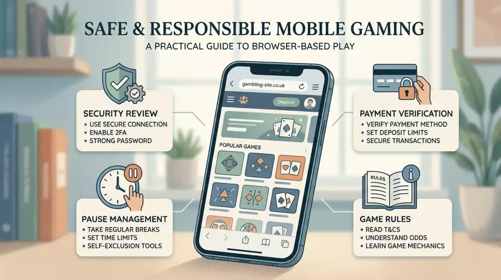 SpinDog UK mobile browser play checklist with security, payment and safer-gambling icons