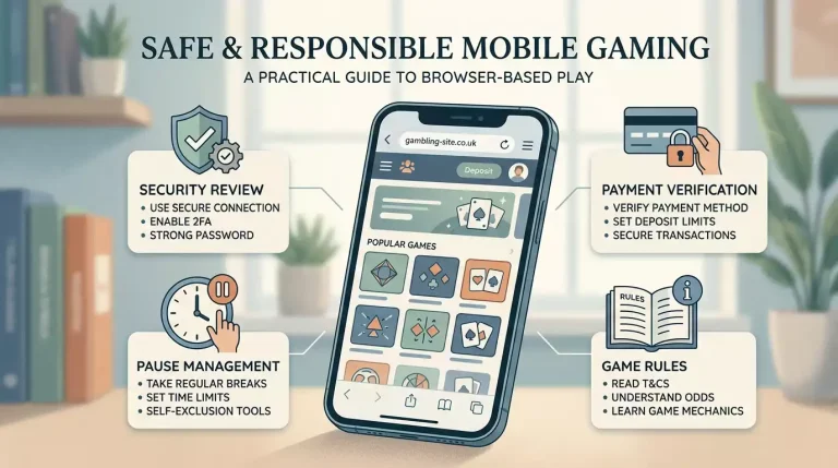 SpinDog UK mobile browser play checklist with security, payment and safer-gambling icons