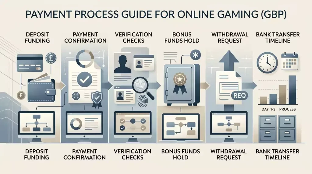 SpinDog UK payments flow with GBP deposit, verification, bonus lock and withdrawal checkpoints