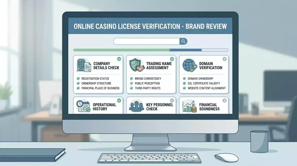 SpinDog UKGC register check workflow with business name, trading name and domain search cards